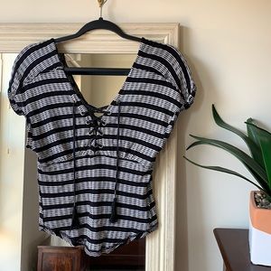FREE PEOPLE black & white ribbed knit short sleeve blouse top (small) ✨